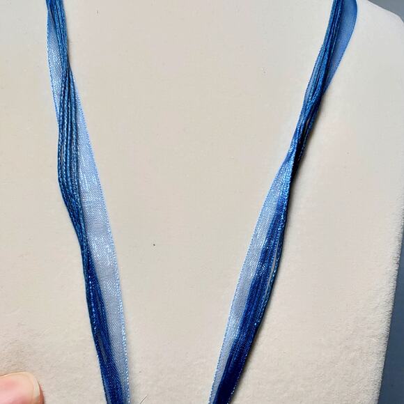 Multi Color Swirl Glass Pendant Blue Lace Necklace 18" Statement - Picture 3 of 5